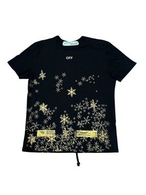 Off-White Black Short Sleeve Tee with Gold Snowflake Motif